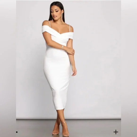 Formal Off-The-Shoulder Crepe Midi Dress - Picture 1 of 3